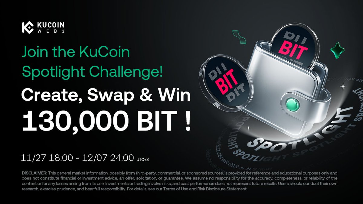 KuCoin_Web3's tweet photo. Create, Swap & Win 130,000 $BIT
🗓 2025/11/27 18:00 – 2025/12/07 24:00 UTC+8
🔗 Chain: SOL

To enter
1️⃣ Follow @KuCoin_Web3 & @bitdealernet
2️⃣ Like + RT + Tag 3 frens
3️⃣ Create a NEW KuCoin Web3 Wallet (SOL) during the campaign
4️⃣ Connect wallet to any DApps within KuCoin Web3 Wallet
5️⃣ Hold ≥ $5 in that wallet on SOL network
6️⃣ Submit address 👉 https://t.co/qyCBZYKB0c