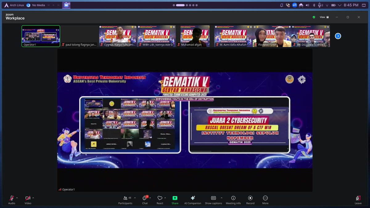 hcs_ctf's tweet image. Minggu ini, pengumuman perlombaan GEMATIK V yang digelar oleh Fakultas Teknik dan Ilmu Komputer Universitas Teknokrat Indonesia telah selesai. Kami dengan bangga mengumumkan bahwa tim HCS berhasil meraih peringkat kedua dalam ajang perlombaan ini.