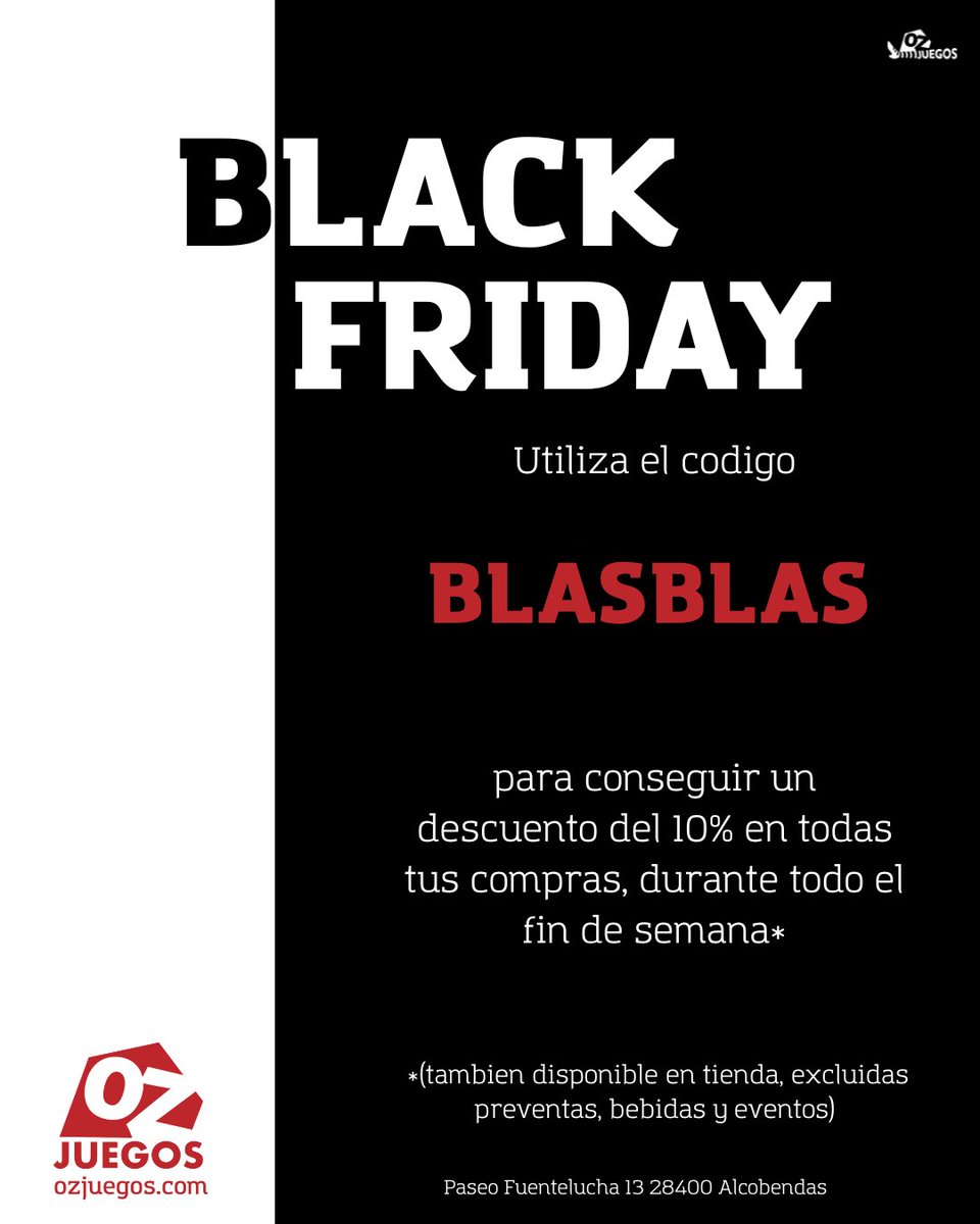 ¡El Black Friday ya está aquí en OZ Juegos Alcobendas! 🚀
Aprovecha el descuento exclusivo del 10% en todos los productos disponibles. Es el momento perfecto para ampliar tu colección.
¡Visítanos hoy mismo tienda en la web!
#BlackFriday #OZJuegos #Ofertas #JuegosDeMesa