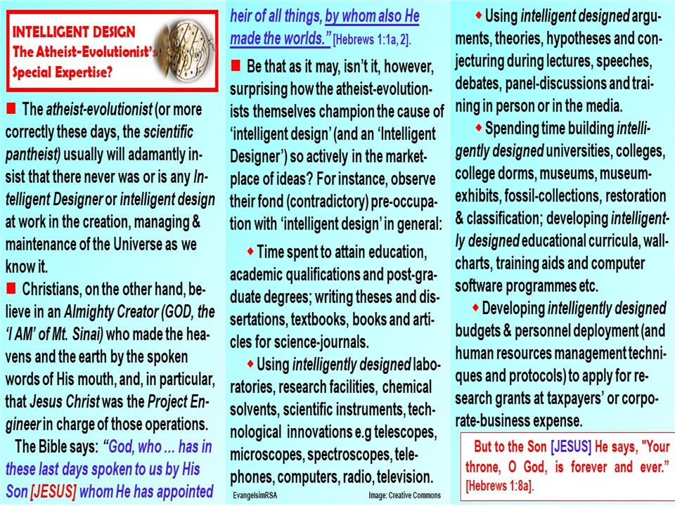 EvangelismRSA's tweet image. 📊📈📋Intelligent Design: The Atheist-Evolutionist&apos;s Special Expertise?
#IntelligentDesign #BiblicalCreationism #DarwinianCreationism #Darwinism #Evolution #Bible #Gospel