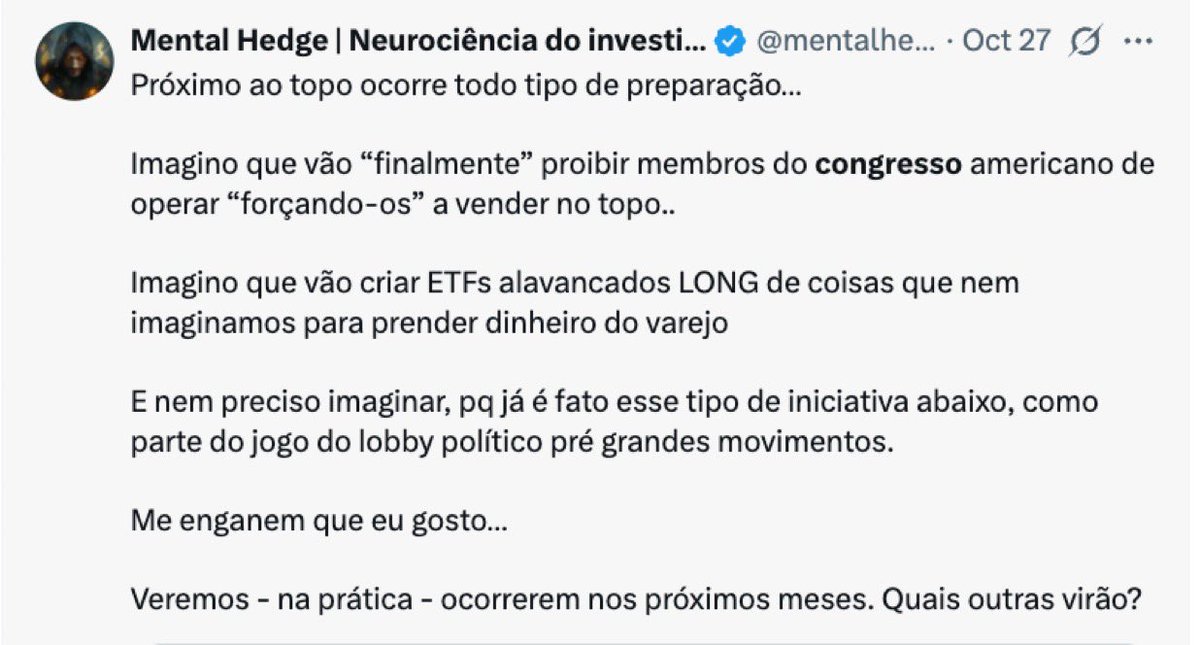 mentalhedgebr's tweet photo. Pqp, pqp, pqp. Pronto, agora não falta nada…. É ALTA seguida de VALA!

Impressionante. Tudo lindamente de acordo com o plano....   Wall Street montou a arapuca INTEIRA.

“Inesperadamente” conforme post printado de 27 de outubro.

07/11: "Senador Josh Hawley sobre Nancy Pelosi: "Ela será a oportunidade de finalmente proibir a negociação de ações por membros do Congresso." 
https://t.co/ecjQWuWL1u

26/11: Aumento de liquidez via ETFs atuais: https://t.co/JpjnZpYQYG

27/11: Produto estruturado do JPMORGAN de alavancagem exótica em BTC, que “se ganha no caso de subir mas não perde se cair, ainda com *retorno garantido*, e tentativa de criar ilusão de que praticamente não tem como perder” kkkkkk

FALA SÉRIO WALL STREET!! Vcs são muito previsíveis.

#cravandoeandando