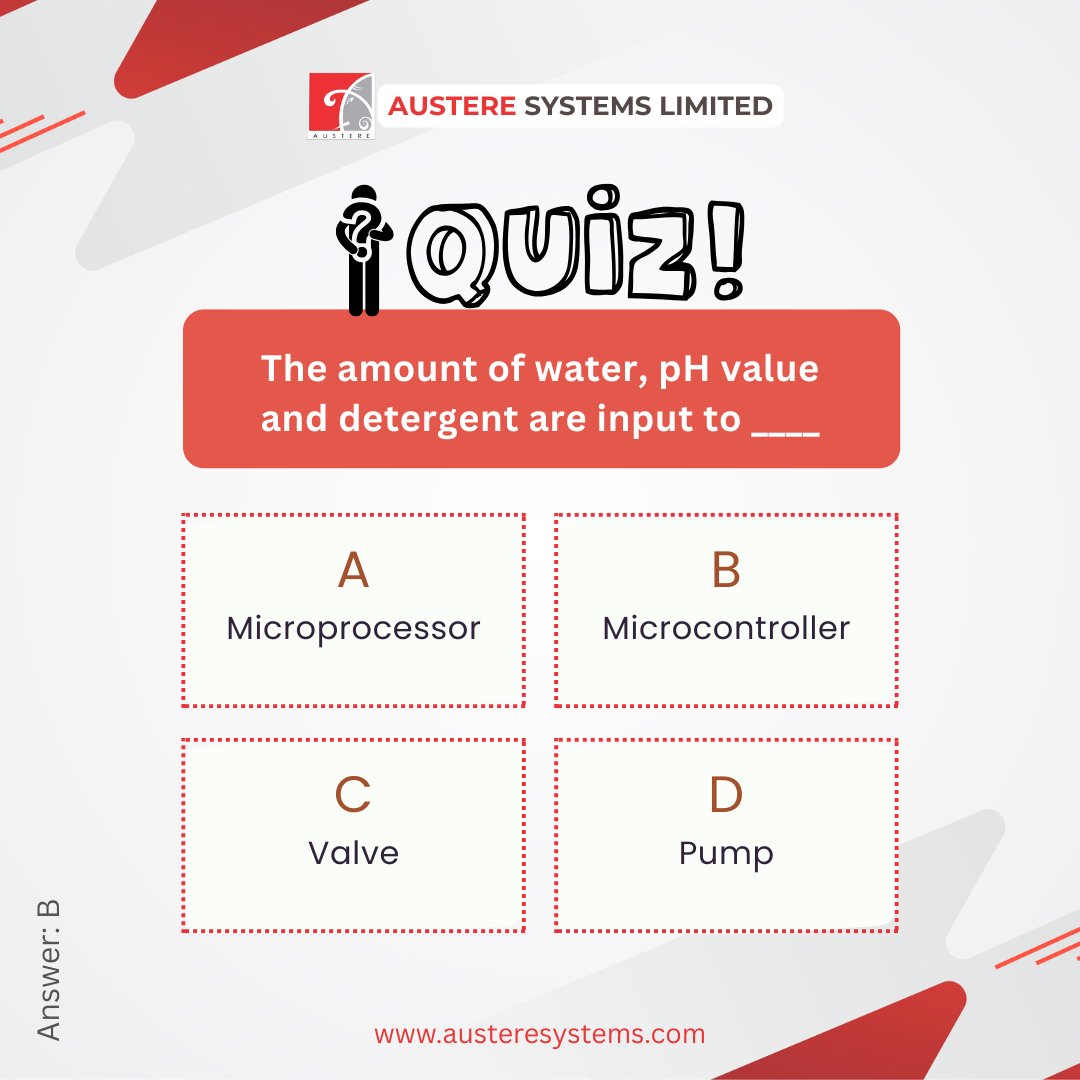 AustereSystems's tweet image. 🧠 Tech Quiz Time!
In automated systems, inputs like water level, pH value, and detergent quantity are processed by which component?
Drop your answer in the comments! 👇
Let’s see who gets it right.
#TechQuiz #EngineeringBasics #AustereSystems #LearningEveryday