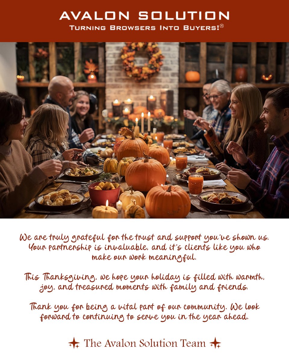 AVALONSOLUTION's tweet photo. Happy Thanksgiving!

#Thanksgiving #HappyThanksgiving #Thankful #Grateful #FeastMode #AvalonSolution https://t.co/NmuBhKj6WL
