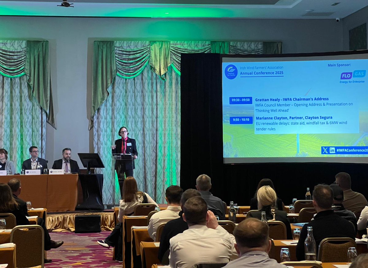 MeithealGaoithe's tweet photo. Kicking off the IWFA Conference today with opening remarks from Grattan Healy - IWFA Chairman, and Marianne Clayton, covering EU renewable delays, state aid, windfall tax and the new 6MW tender rules. A strong start to a packed day.

#IWFAConference2025 https://t.co/H6MQddd808