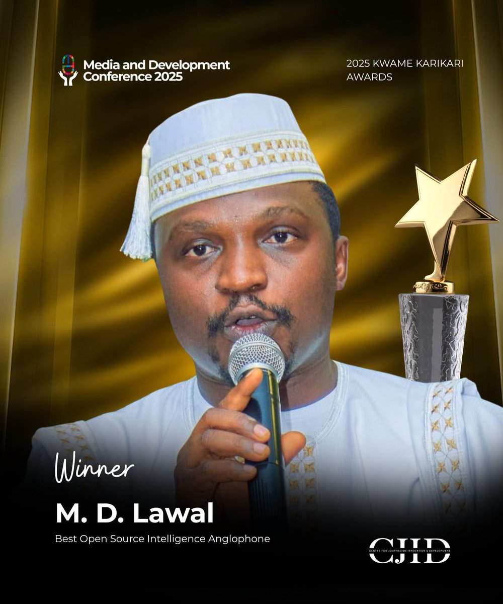 CJIDAfrica's tweet photo. Congratulations to M. D. Lawal, winner of the Best Open Source Intelligence Anglophone category at the 2025 Kwame Karikari Awards.

His work showcases the power of open-source investigation, combining precision, critical thinking, and a commitment to truth to help the public make sense of complex events.

This recognition celebrates his dedication to strengthening accountability, promoting transparency, and advancing evidence-driven journalism across the region.

#MDC2025 #MediaDevCon2025 #KwameKarikariAwards2025