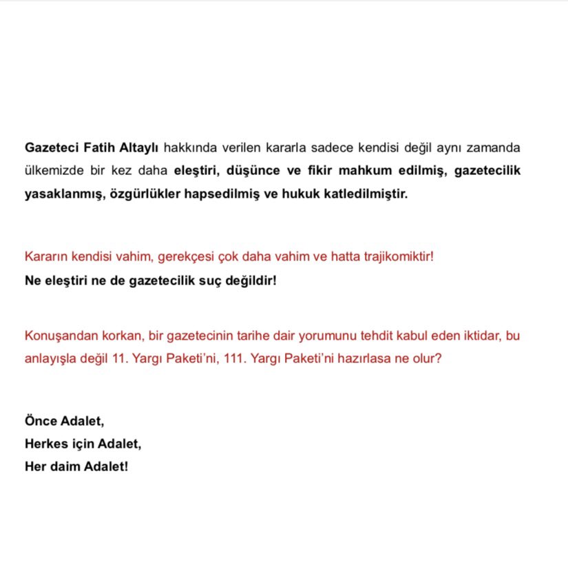 İktidar bu anlayışla 111. Yargı Paketi’ni hazırlasa ne olur? 

Gazeteci Fatih Altaylı hakkında verilen kararın kendisi vahim, gerekçesi çok daha vahim ve hatta trajikomiktir!