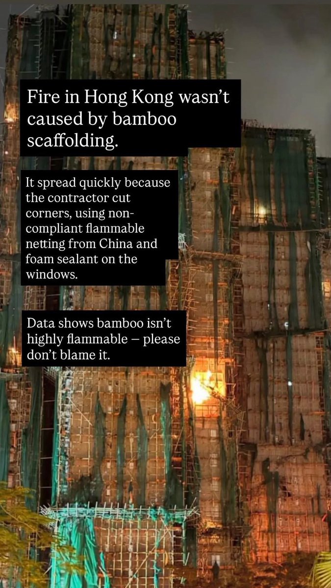 Incalama_lamb's tweet photo. The #HongKongFire has nothing to do with the bamboo. 
It’s the illegal flammable mesh that used by the non-compliant contractors that caused the fire spread fast.

Stop blaming the bamboo. Steel scaffolding would have been much more devastating as it can trap much more heat. https://t.co/fcvfYudQ77