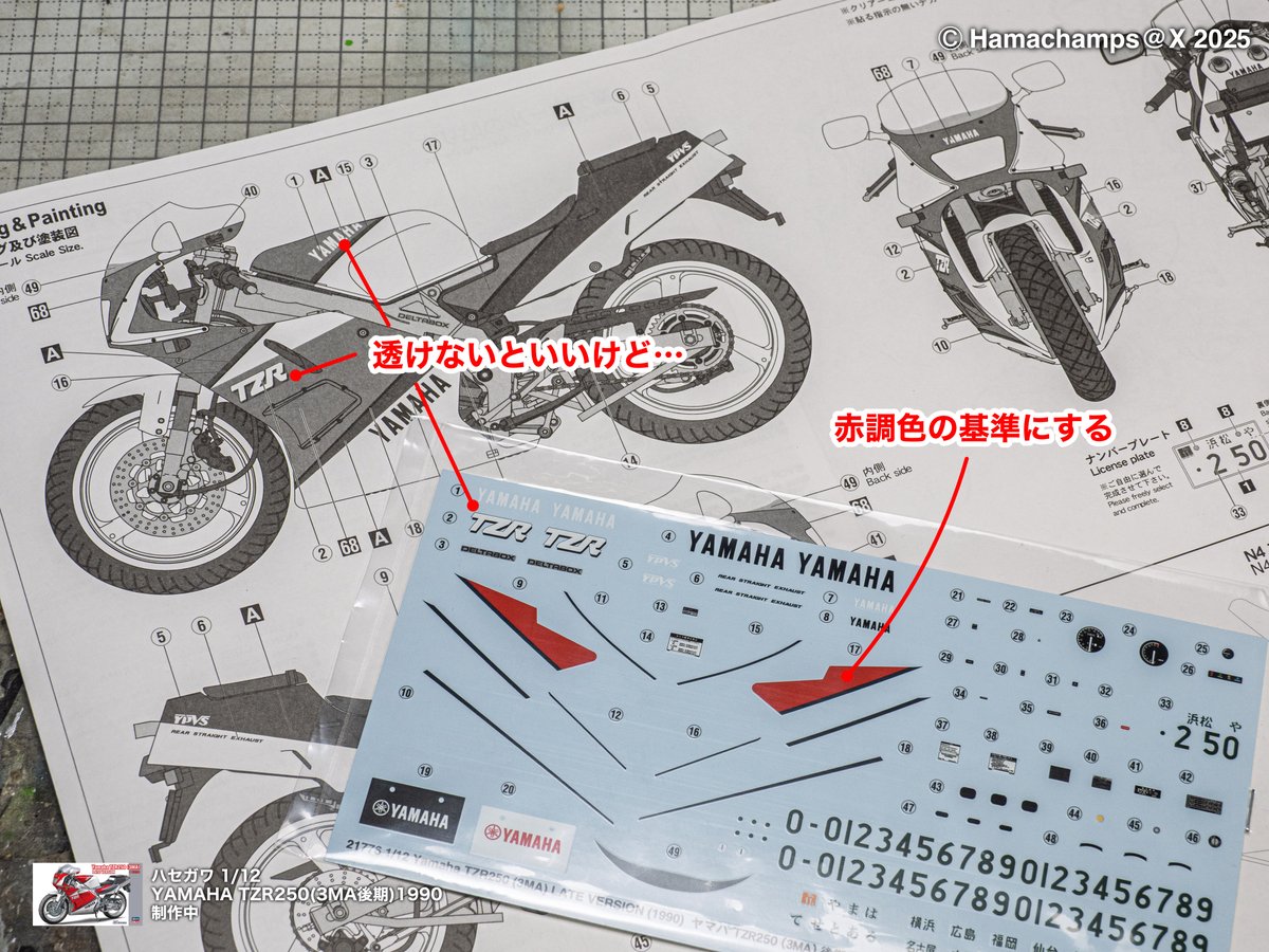ハセガワ TZR250 3MA後期 1990。 外装のデカールどうなるのかと思って