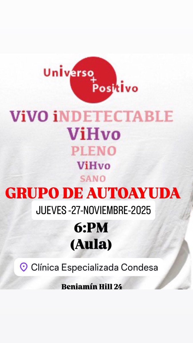 Si vives o convives con #vih te esperamos en este bello grupo de autoayuda en el aula de  la clínica especializada condesa benjamín Hill 24