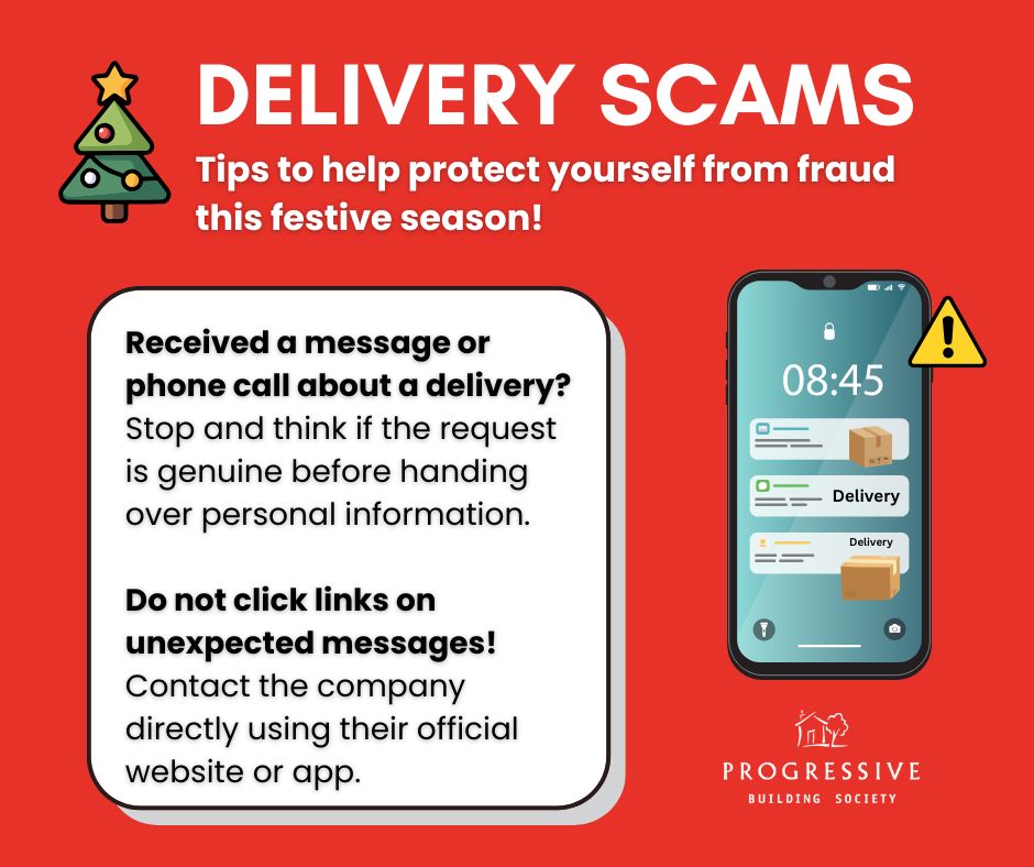 ProgressiveBSoc's tweet image. Shopped online and expecting a parcel delivery?  Please be aware of delivery scams during the festive season🎄📦 stopthinkfraud.campaign.gov.uk/protect-yourse… 
#StopThinkFraud #ScamAware