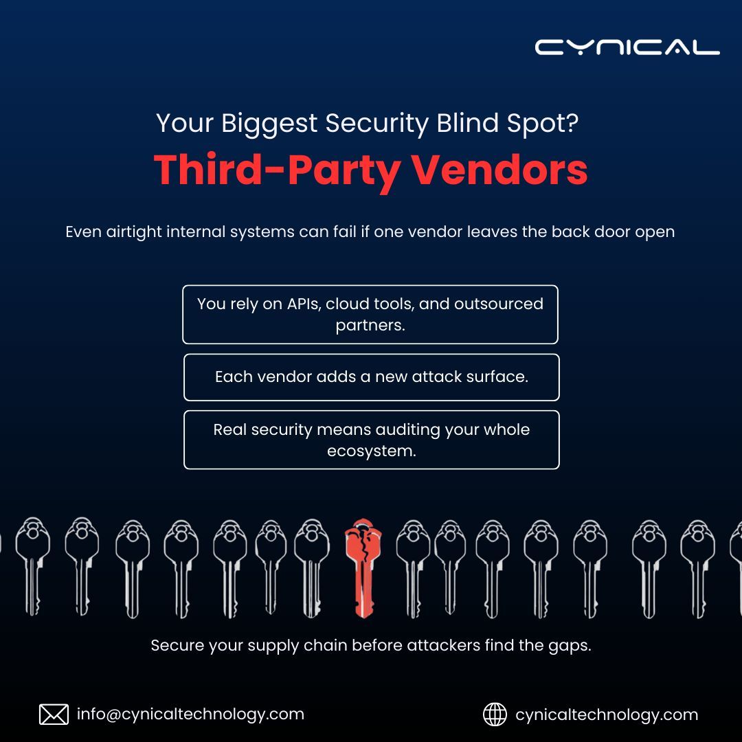cynical_sec's tweet image. Your system might be secure.
Your vendors might not be.

One weak link in the supply chain = full compromise.

Audit the ecosystem before attackers exploit it.

#CyberSecurity #SupplyChain #VendorRisk #InfoSec #DataSecurity #CynicalTechnology