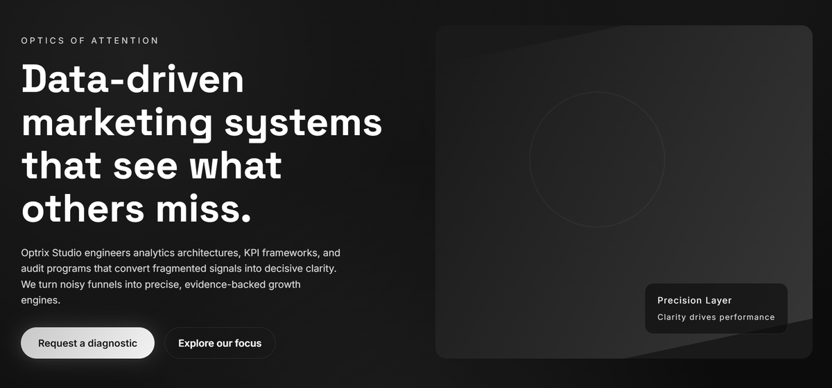 OptrixStudio's tweet image. Data-driven marketing isn’t about collecting dashboards — it’s about seeing what others overlook.

We engineer analytics systems, KPI frameworks, and audit processes that turn fragmented signals into strategy. optrixstudio.com