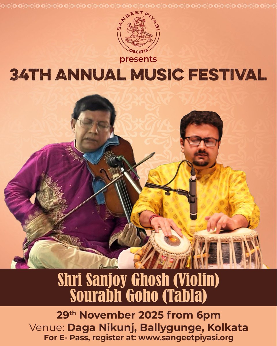 Few more days to go! Performing for the esteemed #SangeetPiyasi at it’s 34th Annual Festival with Senior Violinist Shri Sanjoy Ghosh. Seeking all your good wishes and blessings 🙏🏻

⏰ Saturday, 29th November, 6pm
📍 Daga Nikunj, Ballygunge

#violin #tabla #liveconcerts #kolkata