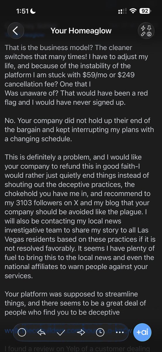 HomemakerStrong's tweet image. Beware of Homeaglow: $19 promo turned into a hidden $59/mo contract + $249 cancel fee. My cleaning was rescheduled repeatedly + they refused to refund. Lots of others report the same. #scamalert #badbusiness #scam