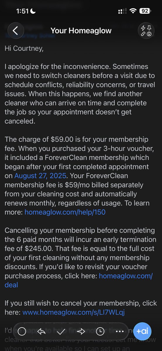 HomemakerStrong's tweet image. Beware of Homeaglow: $19 promo turned into a hidden $59/mo contract + $249 cancel fee. My cleaning was rescheduled repeatedly + they refused to refund. Lots of others report the same. #scamalert #badbusiness #scam