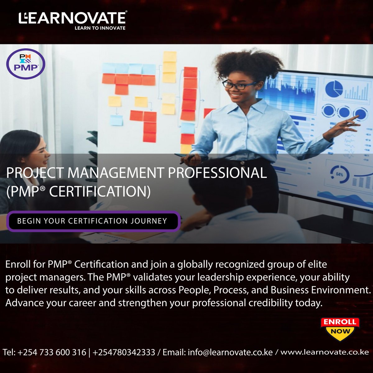 LearnovateTech's tweet image. Level up your career with PMP Certification!
Gain globally recognized project management skills and unlock new leadership opportunities. Join our expert-led training and get exam-ready with confidence.
Register Now!
📍 Eco Bank Towers, 4th Floor, Muindi Mbingu Street, Nairobi.