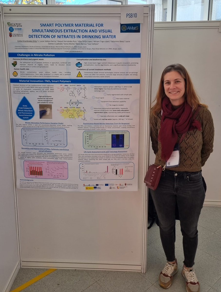 Polymers_UBU's tweet image. Ayer se presentó en el AMatS 2025 (24–26 noviembre, UAB–Barcelona) el póster:
💧 “Smart Polymer Material for Simultaneous Extraction and Visual Detection of Nitrates in Drinking Water” 💧 por nuestra compañera Cintia Virumbrales.

#AMatS2025 #SmartPolymers #UBU #ICCRAM