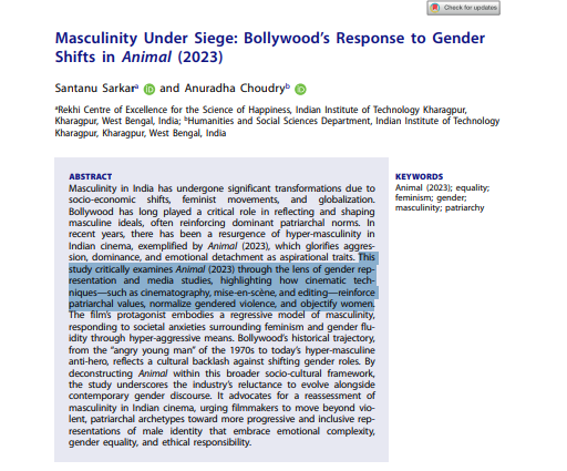 MehHarshil's tweet image. Doing a PhD in the humanities at IITs seems easy now!

Take this recent paper from IIT-Kharagpur. The paper claims how cinematography is enforcing patriarchy in Indian society through Animal. LOL!

And yes, the government pays ₹48,000 per month for projects like these and…