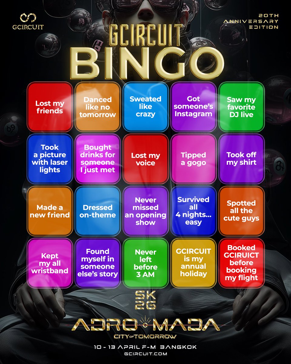 gCircuit's tweet image. 20 squares of GCIRCUIT BINGO reality check!

How to play:
1️⃣Screenshot BINGO board.
2️⃣Share it to your story and mark the ones you’ve done
3️⃣Tag @gcircuit we’ll repost

🎟️ EARLY BIRD TICKETS gcircuit.com

#GCIRCUIT #SK2026 #20thAnniversary #AdroMada #CityOfTomorrow