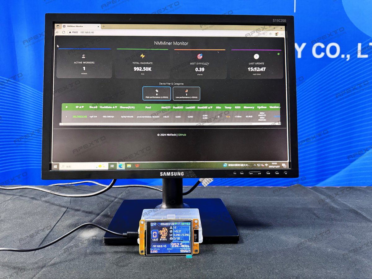🚀 New Bitcoin Solo Miner!

Meet the NM-TV 154 – ESP32:
✅ Touchscreen + WiFi
✅ Ultra-low power, only 5W
✅ 1060 kH/s — perfect for solo / lottery mining ⚡️

Order now 👉apextomining.com/product/nm-tv-…
📧 Questions? Email us at: info@apexto.com.cn