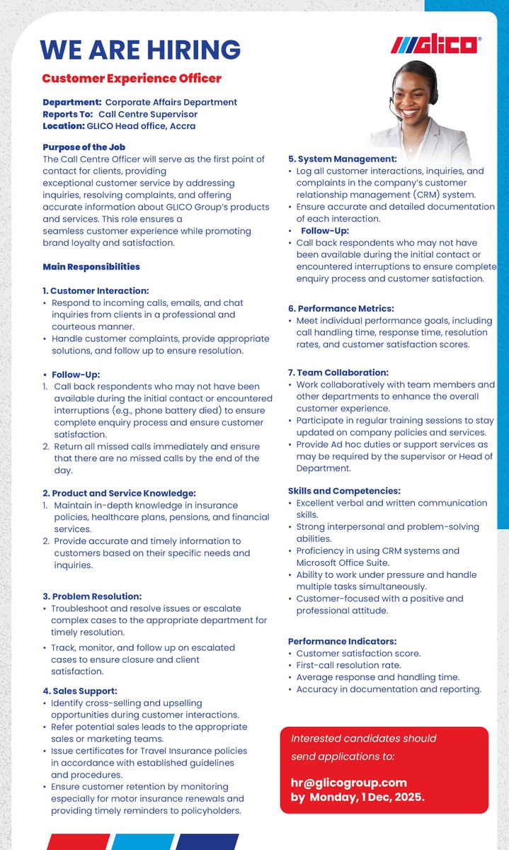 glicogroup's tweet image. We are hiring!
𝗖𝘂𝘀𝘁𝗼𝗺𝗲𝗿 𝗘𝘅𝗽𝗲𝗿𝗶𝗲𝗻𝗰𝗲 𝗢𝗳𝗳𝗶𝗰𝗲𝗿

Interested candidates should send applications to:
𝗵𝗿@𝗴𝗹𝗶𝗰𝗼𝗴𝗿𝗼𝘂𝗽.𝗰𝗼𝗺
𝗯𝘆 𝗠𝗼𝗻𝗱𝗮𝘆, 𝟭 𝗗𝗲𝗰𝗲𝗺𝗯𝗲𝗿 𝟮𝟬𝟮𝟱.

#GLICOGroup
#recruitment