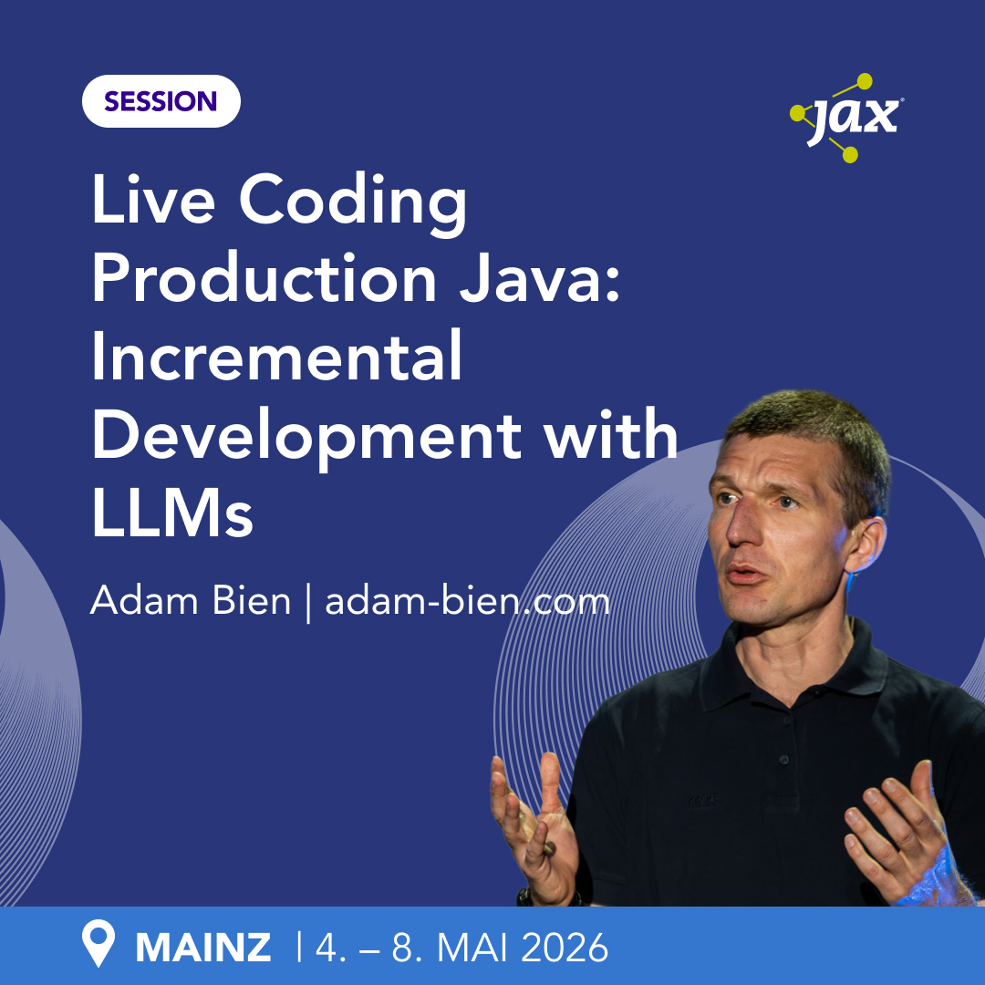 jaxcon's tweet image. 🧪 #LiveCoding auf der #jaxcon: Production #Java + #LLMs in Aktion!

@AdamBien zeigt Dir, wie weit KI-unterstützte Code-Generierung wirklich gehen kann. Hands-on, praxisnah &amp;amp; direkt in Java!

📅 Auf der JAX Mainz | 4. – 8. Mai 26

🎓Alles zur Session: f.mtr.cool/bgoffuxhxv