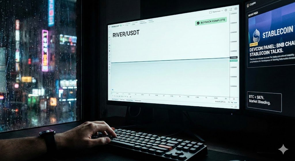 Gynzer's tweet image. 💥@RiverdotInc  今天静悄悄，团队没整新活。倒是上周 #Devcon 那场跟 @BNBCHAIN  聊稳定币的 panel 余温还在。社区这波拿得挺稳，Buyback 完都在查收成，顺便蹲 #Conversion 2.0 的信号，链上数据扫了一眼，很干净，完全没看到 panic sell。

大盘还在阴跌， $BTC 被按在 87k…