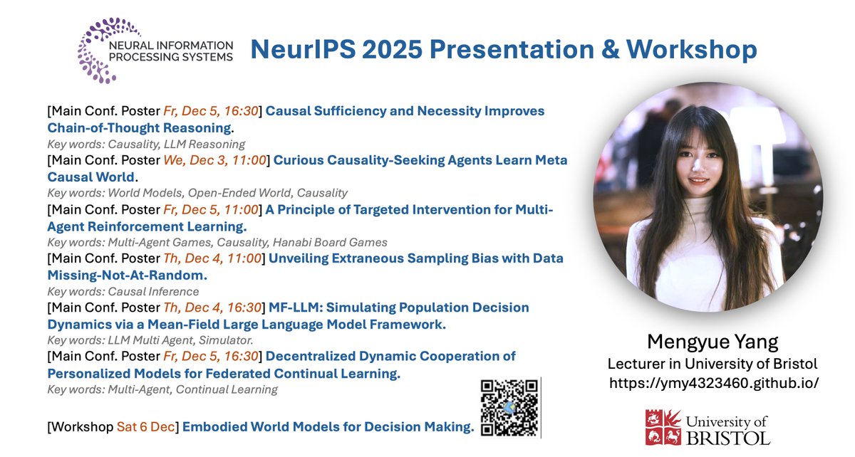 Mengyue_Yang_'s tweet image. Excited to be at #NeurIPS 2025 San Diego in person from 1st - 8th Dec! DM me for meeting/coffee chat about #image_editing, #video_understanding, #WorldModels and #RL for common research interests, potential collaboration, startup ideas ...  

See you in San Diego⛴️!  ! 

Also…