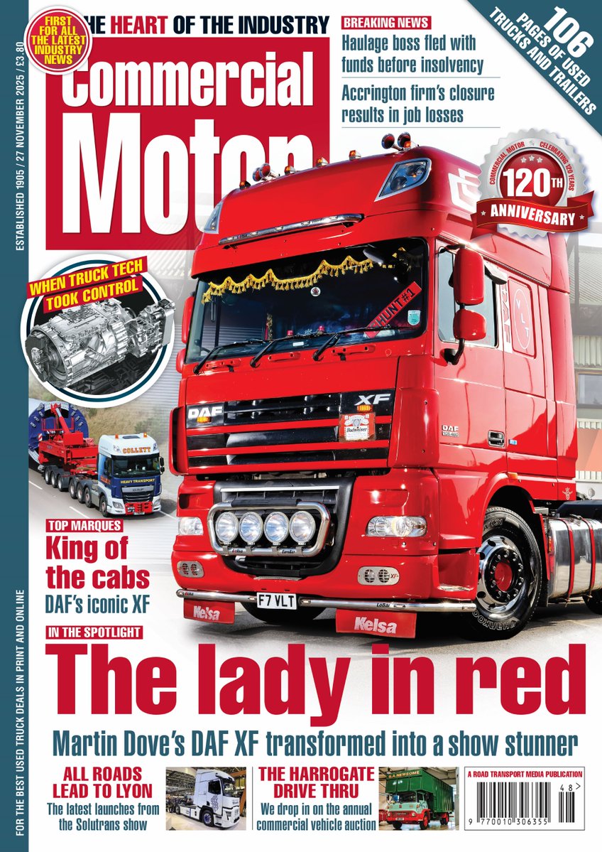 Comm_Motor's tweet image. ‼️OUT NOW: Commercial Motor 27 November 2025‼️

► The lady in red – Martin Dove’s DAF XF transformed into a show stunner

► All roads lead to Lyon – The latest launches from the Solutrans show

► To subscribe 👉 bit.ly/3UW1Tzc 

#CommercialMotor #Subscribe