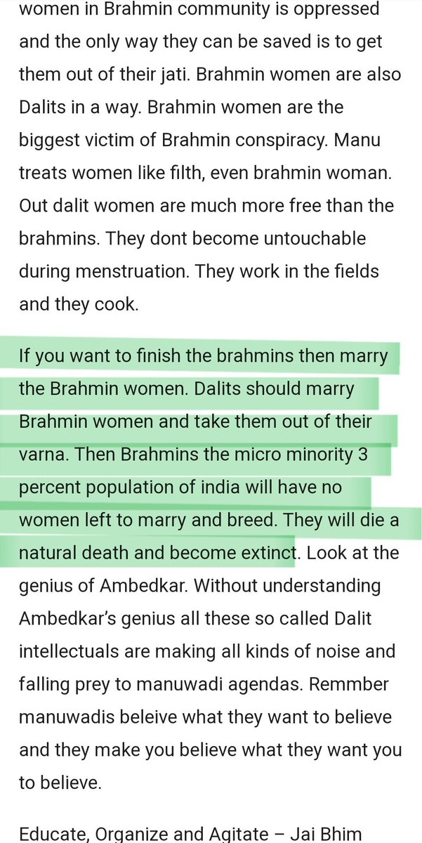neha_laldas's tweet image. Dalit Nation-The only Authentic Voice of Dalits had published an article:
&quot;Why Babasaheb Married a Brahmin Woman&quot;

Excerpts👇
&quot;If you want to finish Brahmins, marry their women. They&apos;ll have no women left to breed or marry &amp;amp; become extinct.

Educate, Organize, Agitate-Jai Bhim&quot;…