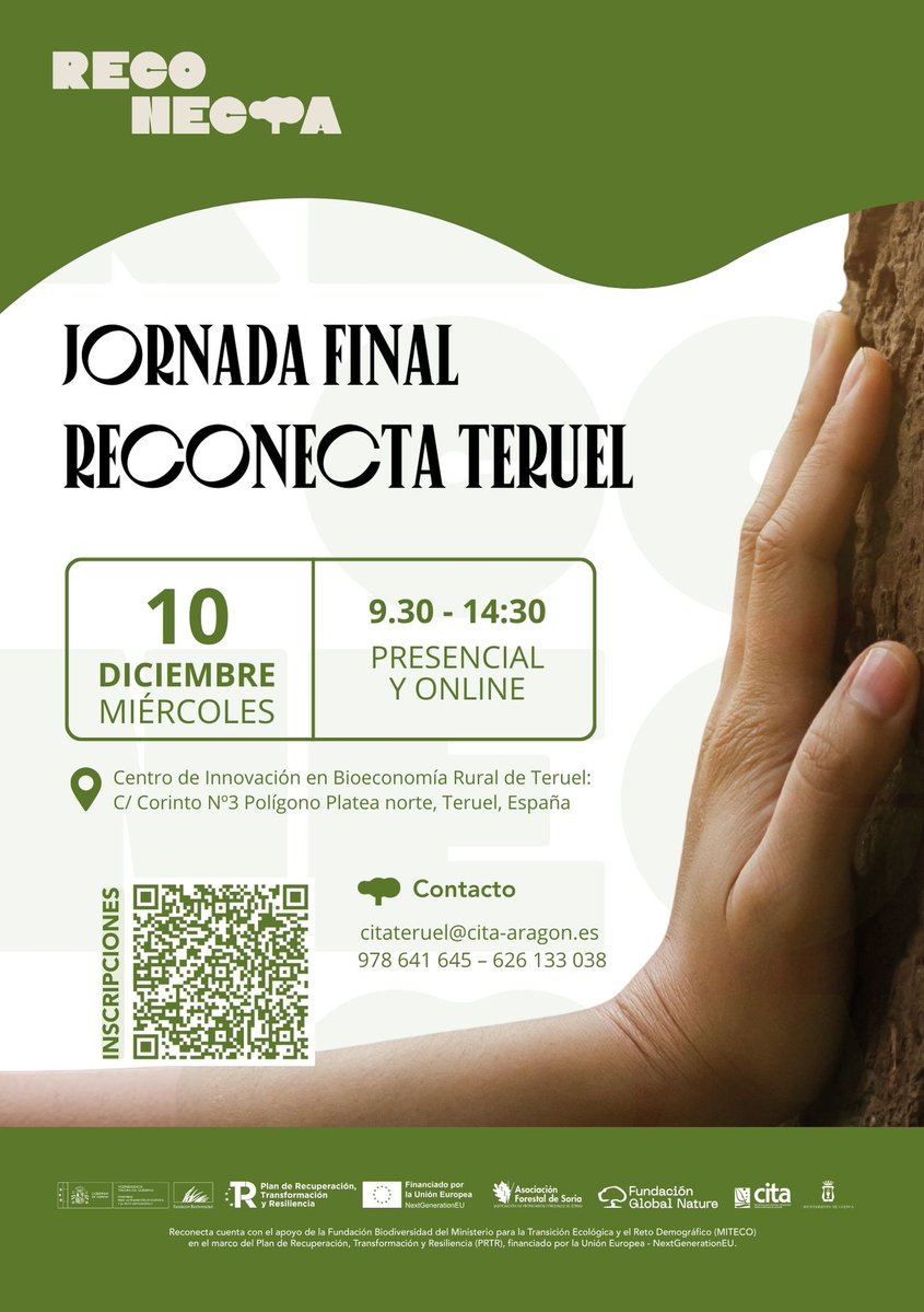 CITAAragon's tweet image. ¿Te interesa la gestión forestal, la bioeconomía o el futuro de los montes de Teruel? ¡No te pierdas la jornada final del proyecto #RECONECTA Teruel!

📍 CITA Teruel – Presencial y online
🕘 9:30–14:30h
🔗 Inscripción gratuita: forms.office.com/pages/response…