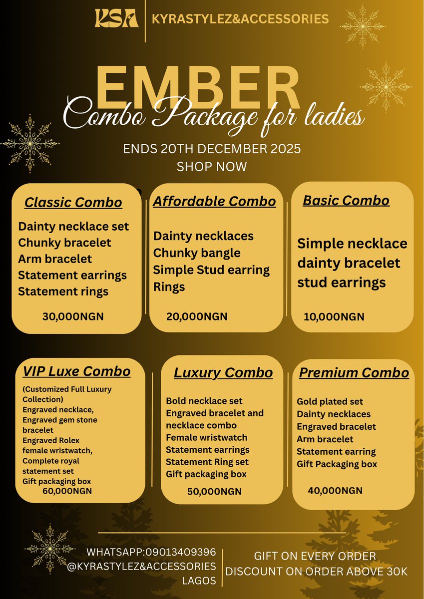 EMBER PACKAGE IS LIVE 🔥✨
Our Ember Sales are officially HERE — bigger deals, hotter combos, and the finest KSA pieces at crazy affordable prices!
Swipe the list, pick your fave package, and secure your glow this season 💛🔥