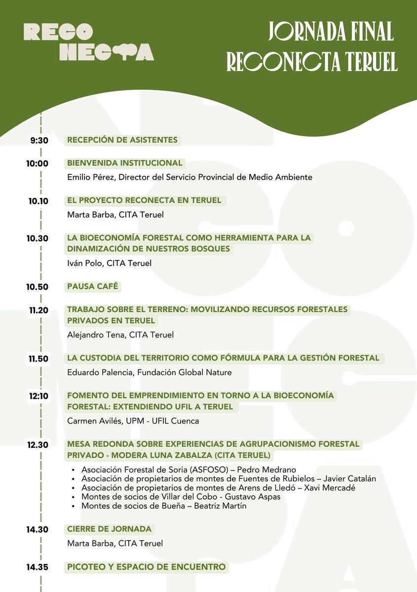 CITAAragon's tweet image. ¿Te interesa la gestión forestal, la bioeconomía o el futuro de los montes de Teruel? ¡No te pierdas la jornada final del proyecto #RECONECTA Teruel!

📍 CITA Teruel – Presencial y online
🕘 9:30–14:30h
🔗 Inscripción gratuita: forms.office.com/pages/response…