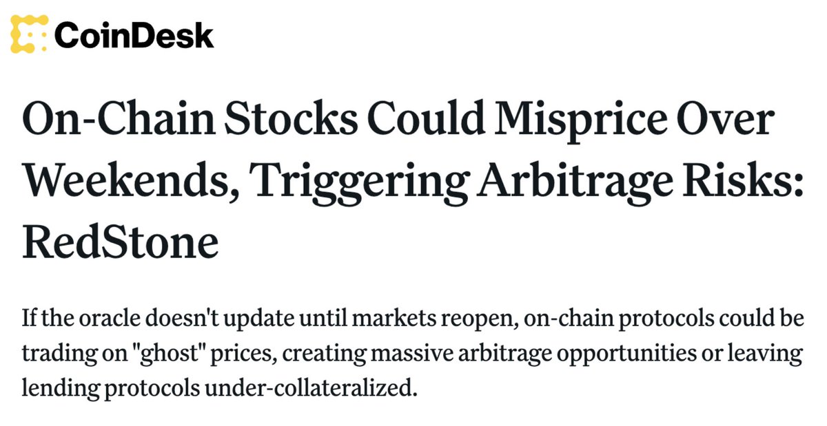 .<a href="/sedaprotocol/">SEDA</a> and <a href="/PythNetwork/">Pyth Network 🔮</a> solve exactly this problem. 

1. Pyth: Equity data straight from the sources 24/5, including exclusive relationship with <a href="/BlueOceanATS/">Blue Ocean ATS</a> 

2. SEDA: Proprietary Oracle methodology for fresh tick for tick weekend price updates for equities (Or any