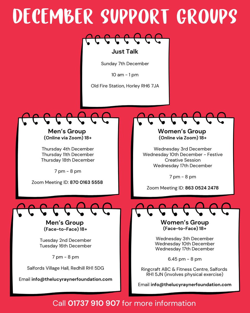 TheLRFoundation's tweet image. Our Support Group Timetable for December 🤝❤️

📧 info@thelucyraynerfoundation.com
🔗 thelucyraynerfoundation.com
📞 01737 910 907

#LRF #TheLucyRaynerFoundation #SupportGroup #MentalHealthMatters #Community