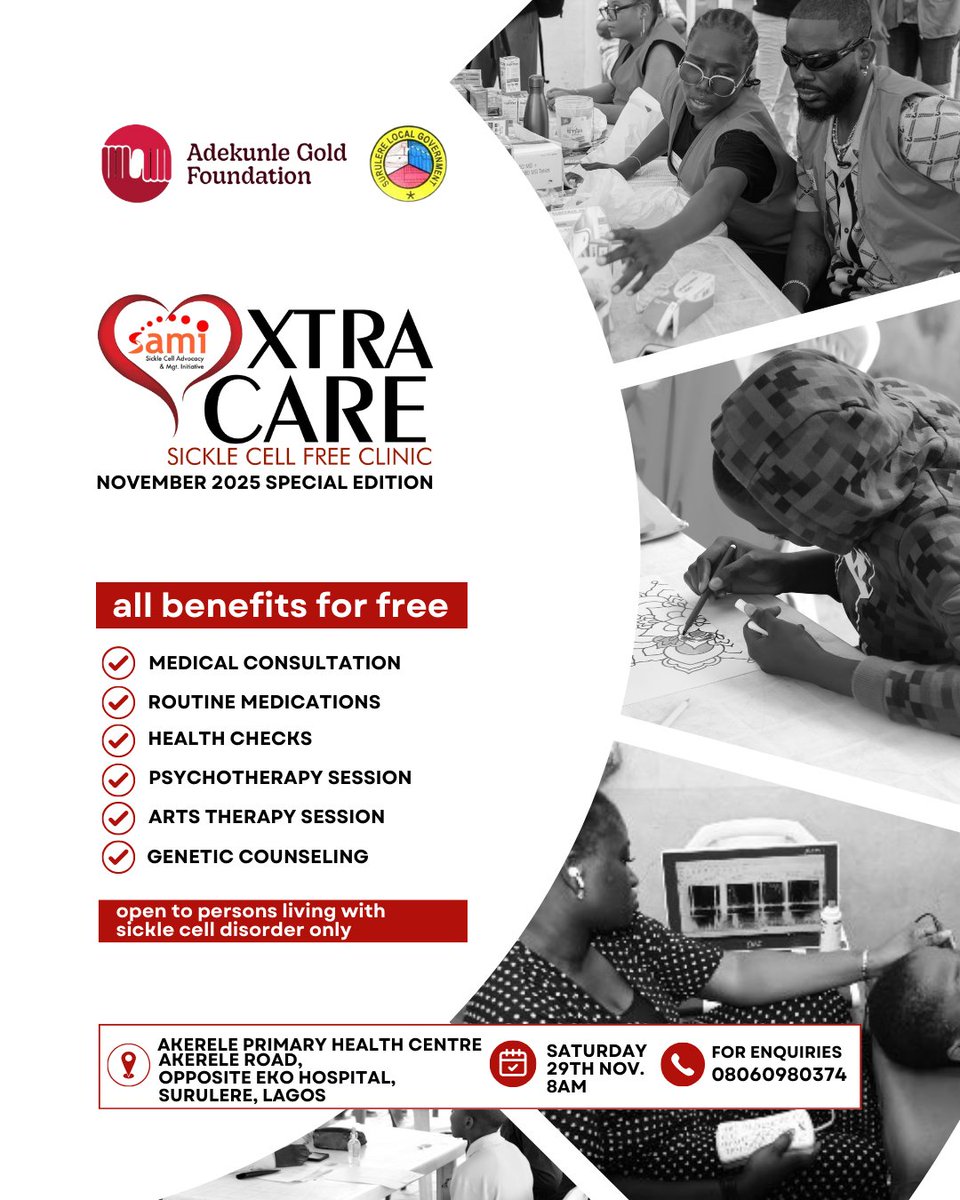 Join us for the last XTRACARE medical outreach for this year (2025) 

Date: Saturday, 29th November 2025

Venue: Akerele Primary Health Centre, opposite Eko Hospital, 
Akerele, Surulere, Lagos.

Time: 8am

For #SickleCell Warriors ONLY 
Share with others

#SamiUpdate