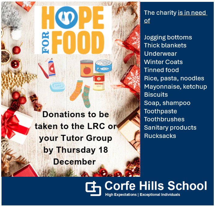 We are pleased to announce that we are supporting Hope For Food which is a charity who help individuals and families in need. They also help the homeless in Bournemouth &amp; Poole, providing meals, blankets and support. We are collecting  until Thurs 18 Dec.
