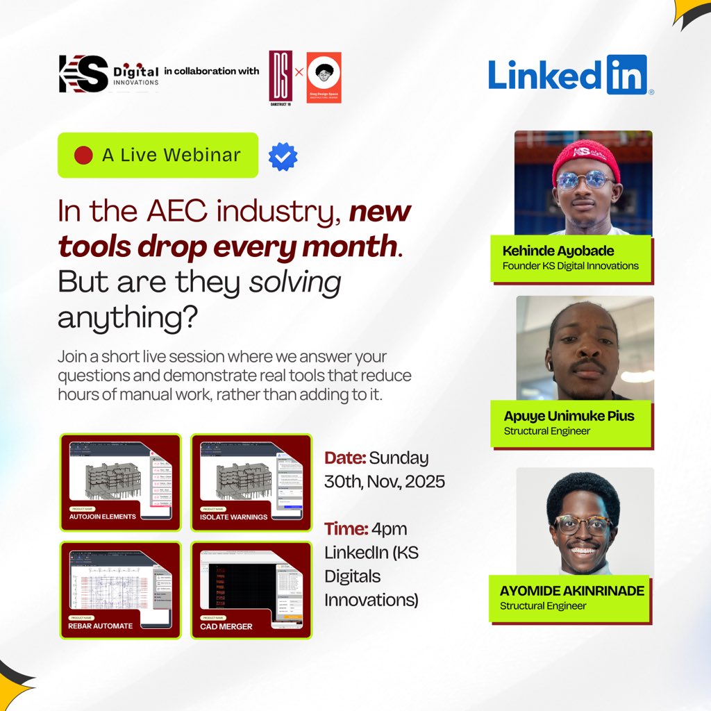 ksdinnovations's tweet image. New AEC tools emerge every month, but the real question remains: are they actually solving anything? 

Join us this Sunday for a quick live session where we&apos;ll unpack your questions and walk you through tools that actually save time and simplify your workflow. 

🧵
