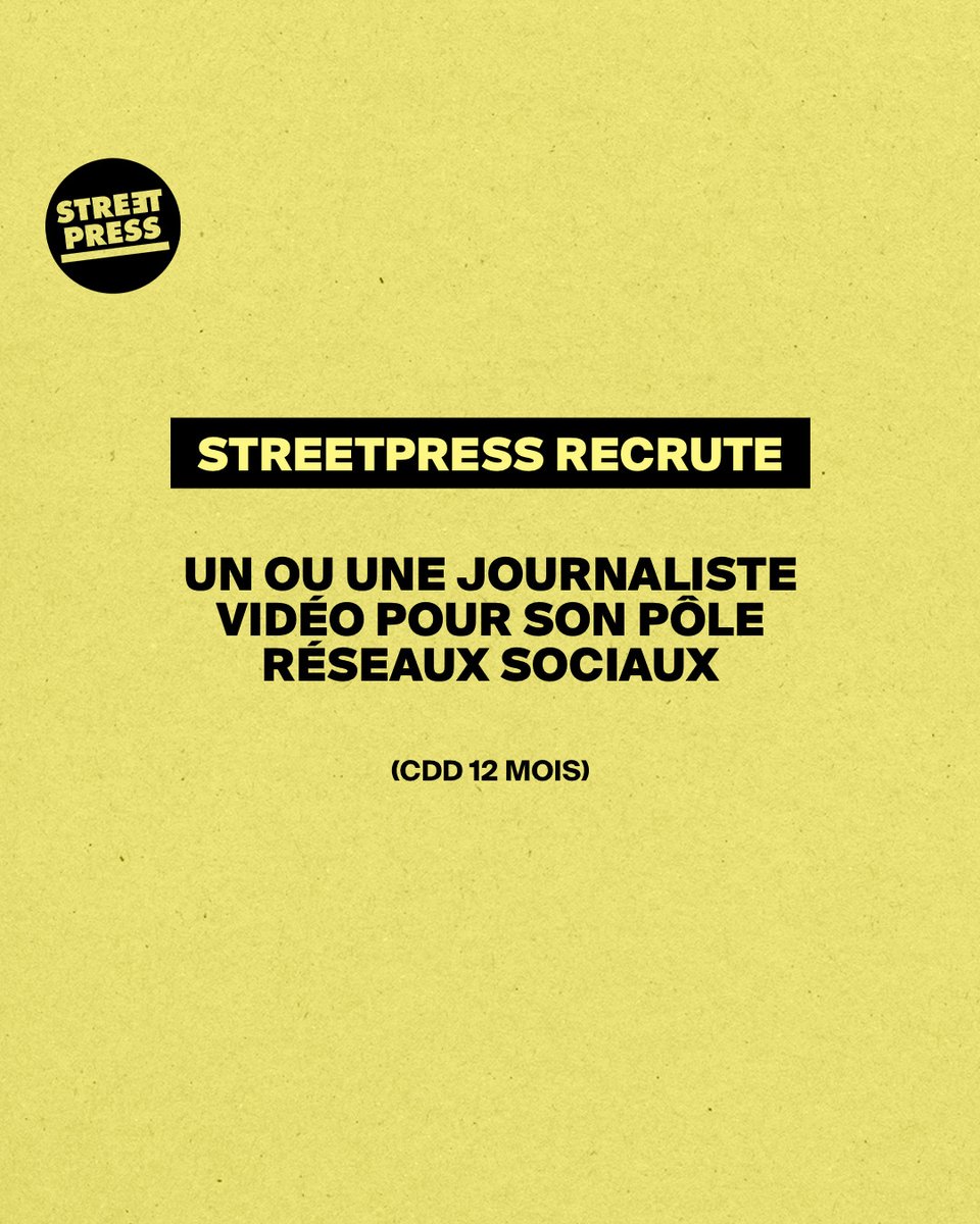 🚨StreetPress est à la recherche d’un ou une journaliste vidéo pour son pôle réseau sociaux 📱

Pour candidater, c'est ici 👉 airtable.com/appO6cMLFM2Bom…

Pensez à préparer des liens de vidéos déjà réalisées 👀