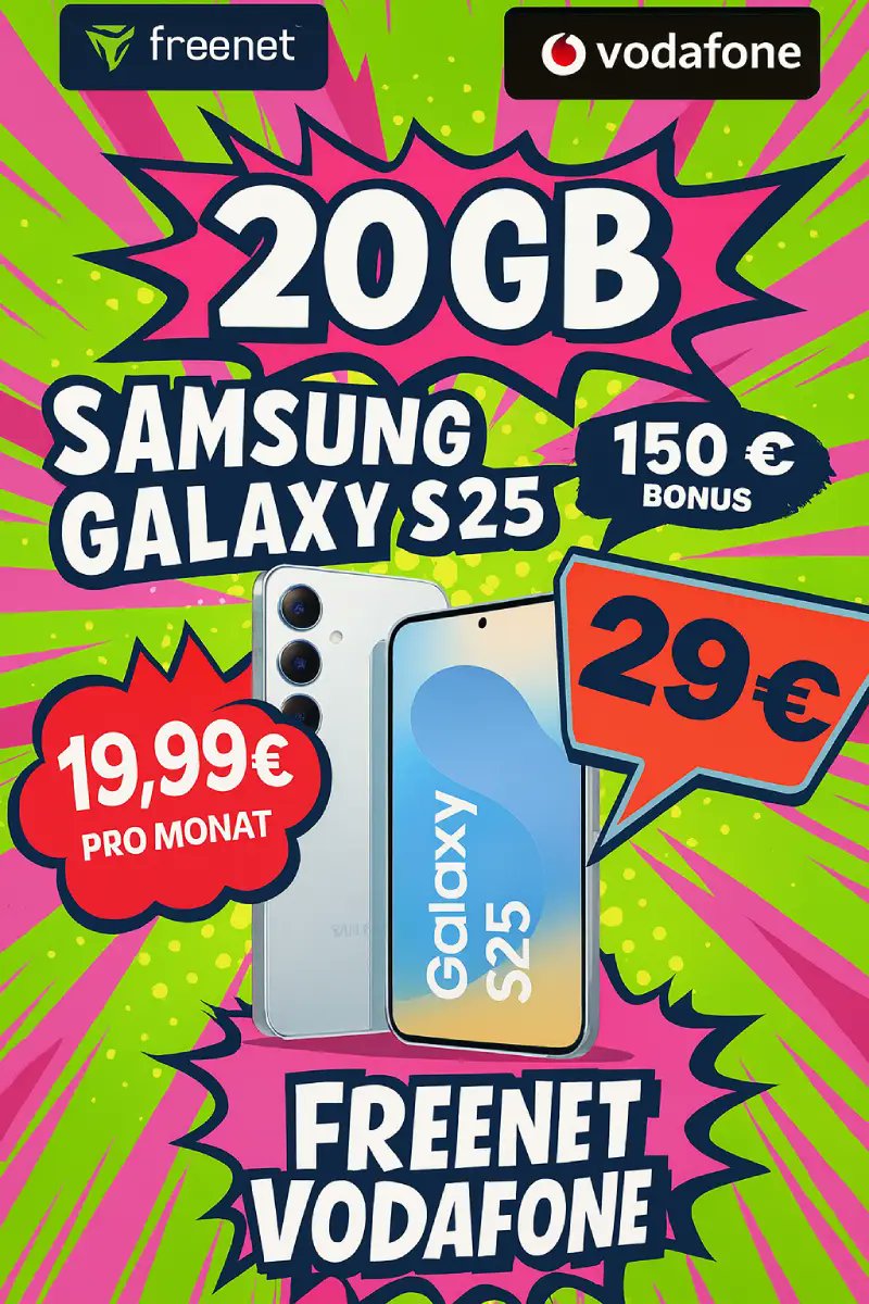 simdealz's tweet image. 🤑 #Samsung #Galaxy S25 für 29€ – du sparst 164€!

✅ 20 GB 5G im #freenet #Vodafone-Netz
✅ Allnet-Flat Telefonie &amp;amp; SMS
✅ 150€ Cashback
✅ Eff. -6,85€/Monat
✅ Nur 19,99€ mtl.

Für kurze Zeit ⏰

👉 simdealz.de/samsung-galaxy…