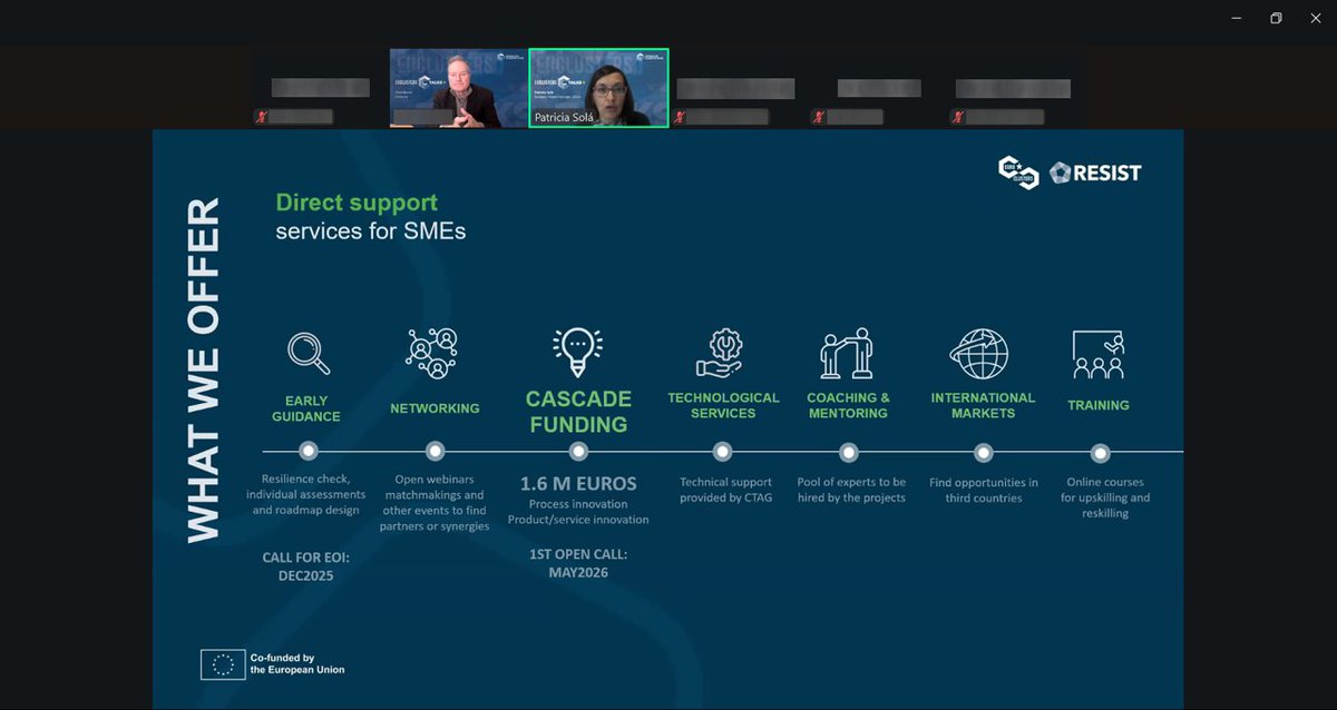 RESISTeucluster's tweet image. 📢 Yesterday we had the opportunity to present RESIST during the EU Clusters Talk @Clusters_EU 
During the session we introduced the main goals of RESIST and the support that the project will offer to SMEs in the Mobility, Transport and Automotive ecosystem 🚙⚙️