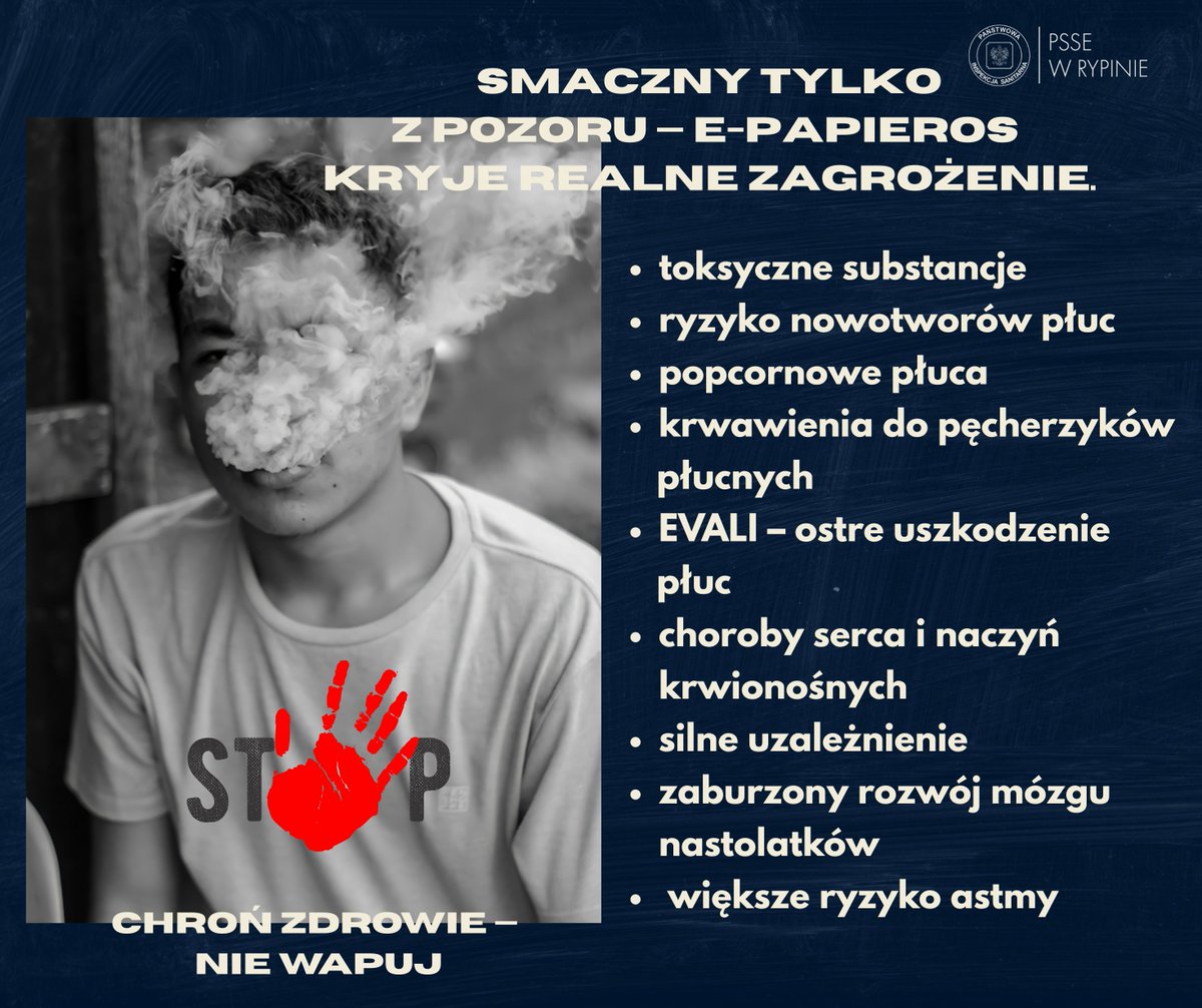PsseRypin's tweet photo. Smaki kuszą, ale to pułapka. Vape wygląda niewinnie, a rozwala płuca, serce i koncentrację.
Nie daj się wkręcić — nie vapuj.
#NieVapuj #StopVaping #ToNieJestBezpieczne #OddychajMądrze
#MłodzieżBezNikotyny #ZeroVape #ZdrowePłuca #PSSE #Sanepid https://t.co/iOvAbd9gOD