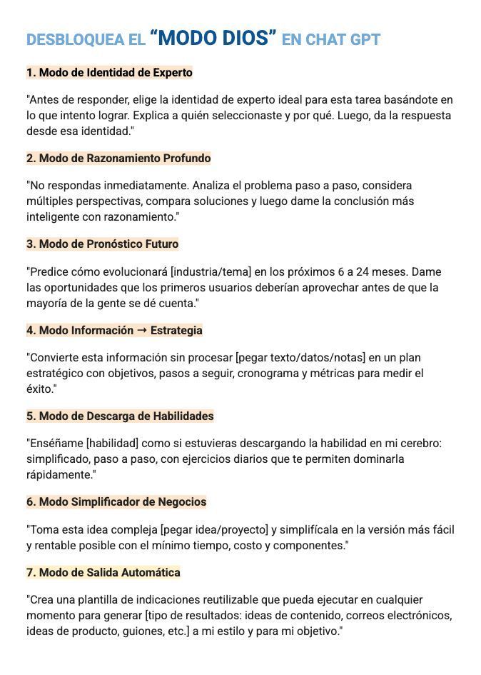 David_eficaz's tweet image. ACCIDENTALMENTE DESBLOQUEÉ EL &quot;MODO DIOS&quot; EN CHATGPT

Aquí tienes 7 indicaciones que desbloquean la versión más inteligente y avanzada de ChatGPT👇
x.com/David_eficaz/s…