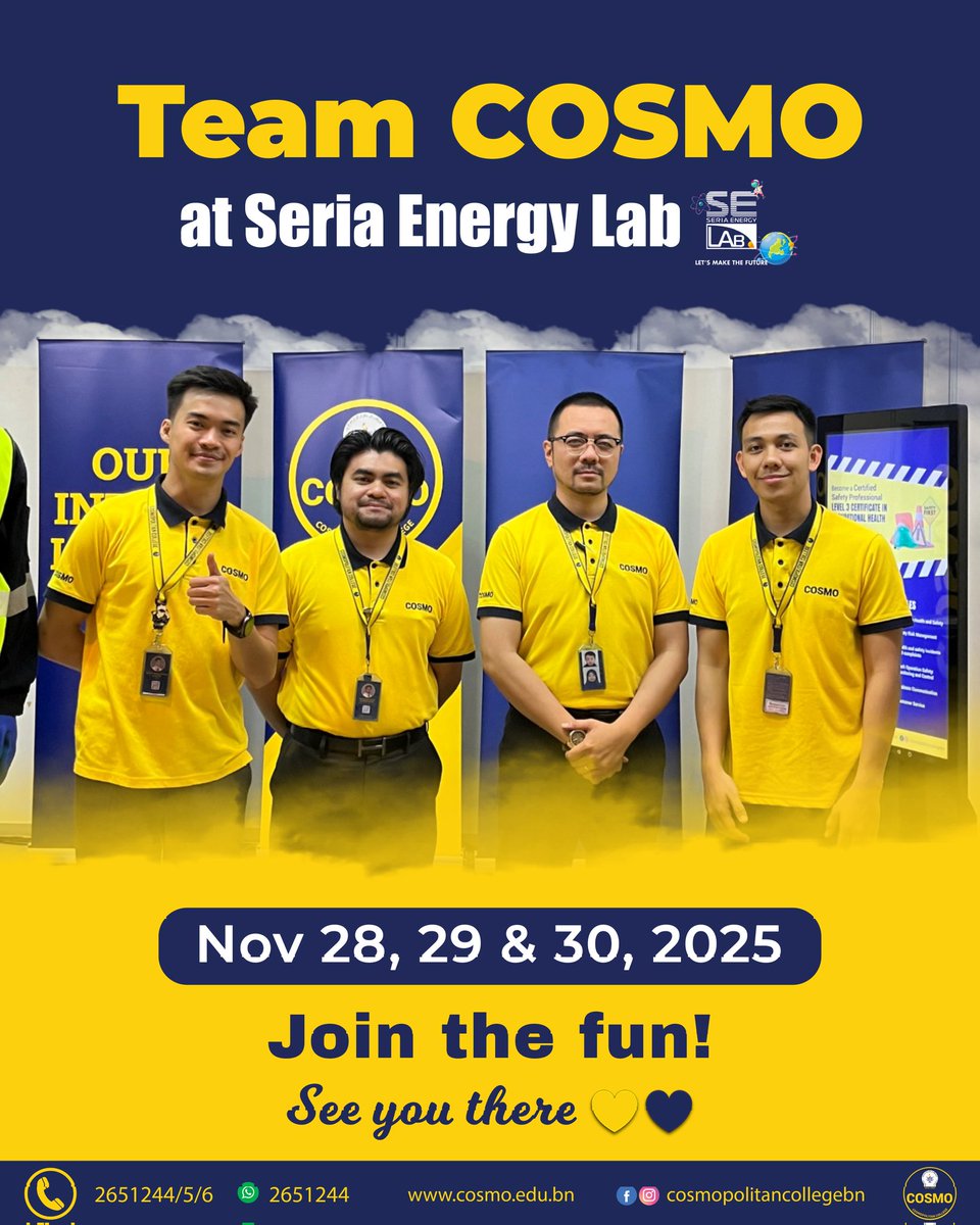 cosmopolitancbn's tweet image. We will be at the Seria Energy Lab this weekend! Join us💙💛 Meet our friendly team and discover more about COSMO #visitus #teamcosmo #robotech #courses #seriaenergy