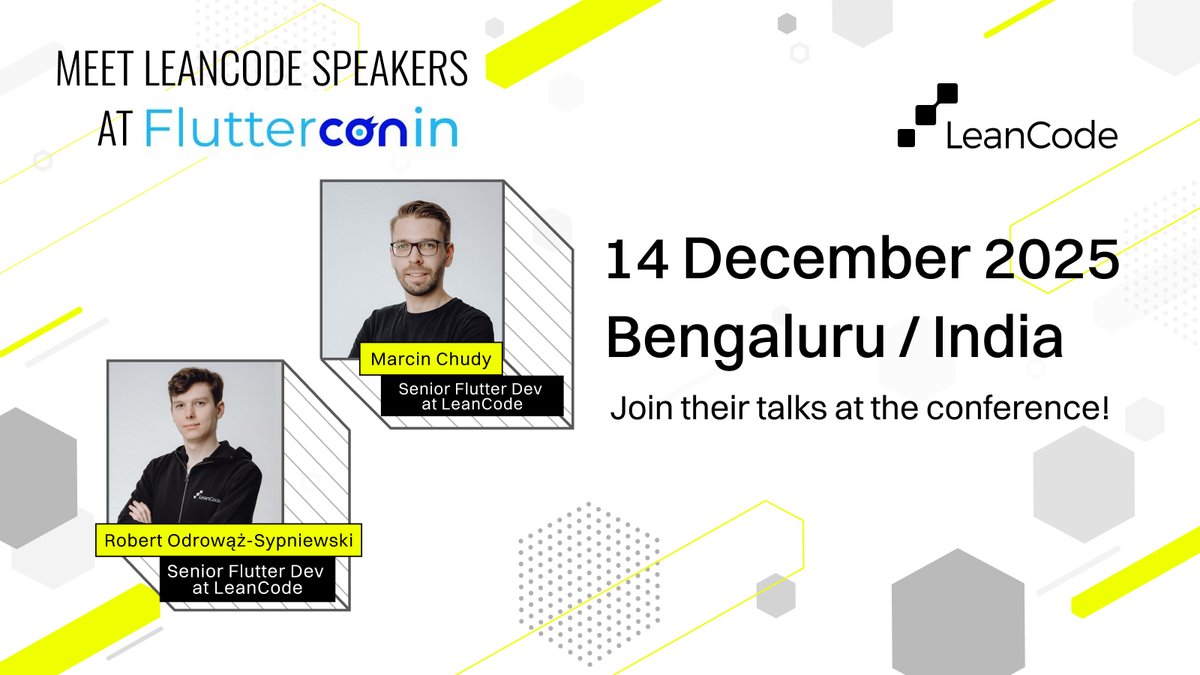 LeanCodePl's tweet image. We’re heading somewhere we haven’t been as LeanCode yet: ✨ our team is flying to @FlutterconWorld India with three talks!

On Dec 14, two of our Senior Flutter Devs will share battle-tested knowledge with the Flutter community:
🎤 @mchudy_: 
 🔹 Escaping Chaos: From Polyrepo to…