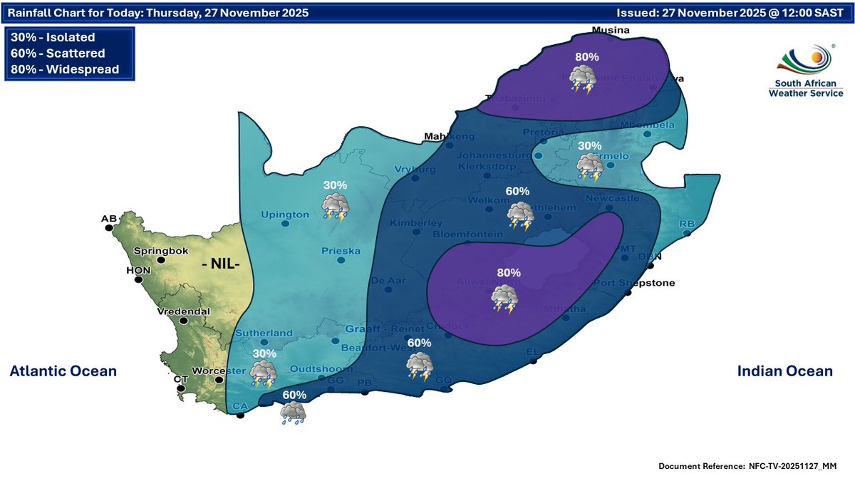 GovernmentZA's tweet image. 🌧️ SA Weather Update – 27 Nov 2025

Widespread storms (80%) expected today across eastern SA, including parts of Limpopo, Mpumalanga, KZN, and the central Eastern Cape.
Scattered storms (60%) over the Free State, North West, and Southern coastal areas.

Isolated showers (30%) in…