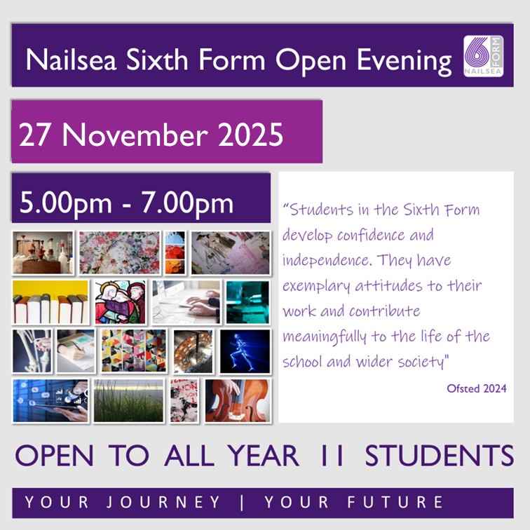Join us tonight for our Nailsea Sixth Form Open Evening!
We can't wait to meet you and we are looking forward to helping you find the right journey for your future! 
#YourJourneyYourFuture

⏰Doors Open at 5pm
📍Nailsea School main entrance
 🙌All Year 11s are welcome