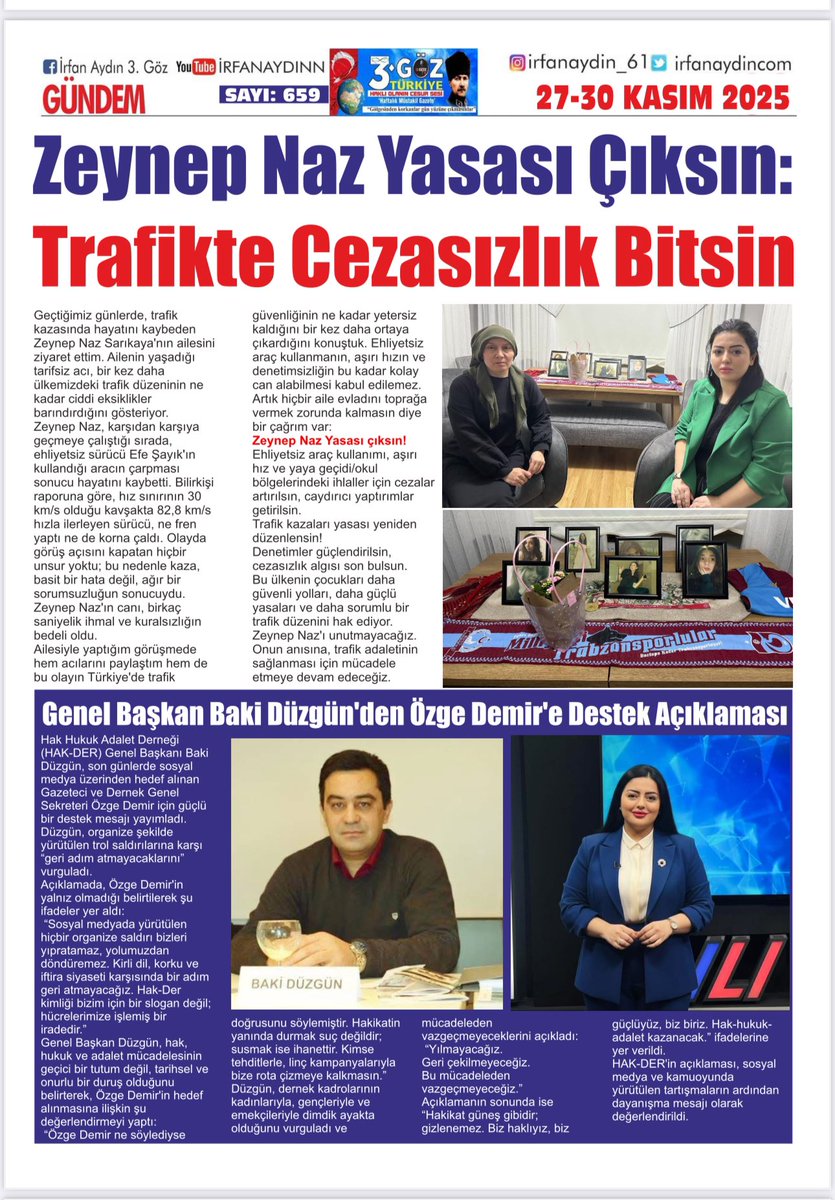 Bu hafta 3. Göz Gazetesi’nde Zeynep Naz’ı, yaşadıklarını ve ona yaşatılanları yazdım..
#ZeynepNaz yasası çıksın. Emsal olsun. 
<a href="/yilmaztunc/">Yılmaz TUNÇ</a> <a href="/AliYerlikaya/">Ali Yerlikaya</a> <a href="/adalet_bakanlik/">T.C. Adalet Bakanlığı</a> <a href="/TC_icisleri/">T.C. İçişleri Bakanlığı</a> <a href="/Gulsumzeynep28/">Gülsüm Sarıkaya #zeynepnazicinadalet</a>
