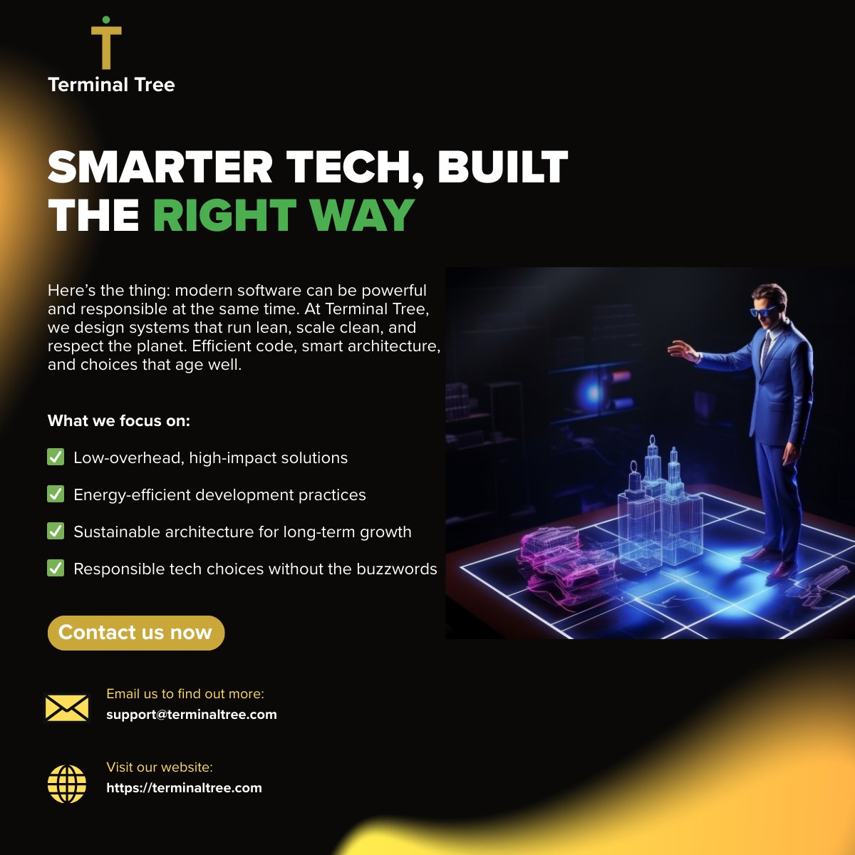 theterminaltree's tweet image. 🌿 Smarter Tech, Done Right
At Terminal Tree, we build fast, efficient, planet-friendly software—lean code, sustainable choices, and scalability without the waste.
• Lean code
• Sustainable builds
• Scalable systems

#SustainableTech #GreenCoding #EcoTech #CleanCode