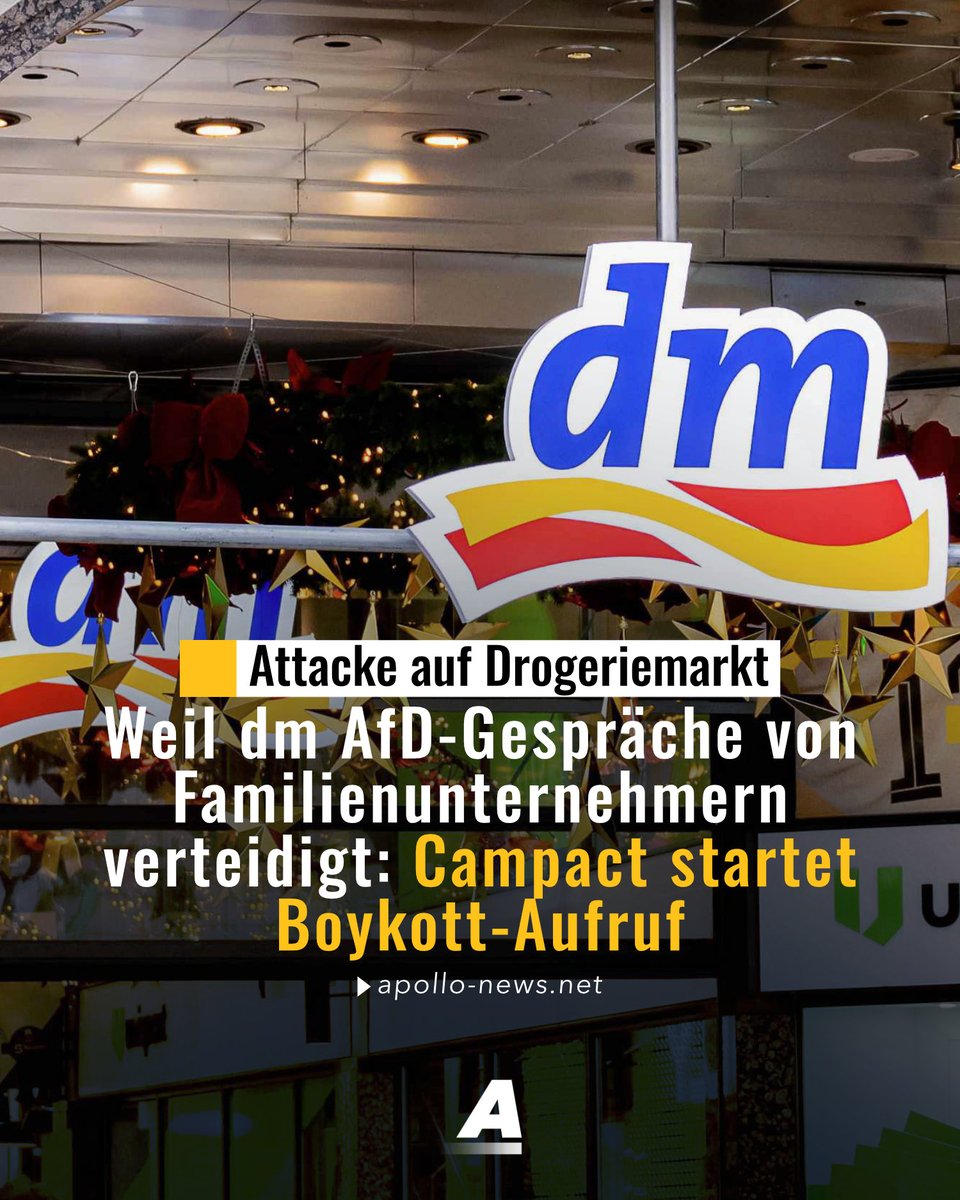apollo_news_de's tweet image. Das Drogerieunternehmen dm hat kein Problem damit, dass sein Verband Die Familienunternehmer auch mit AfD-Politikern redet – anders als Konkurrent Rossmann. Die Kampagnen-NGO Campact bläst deshalb zur Attacke.
apollo-news.net/campact-ruft-z…